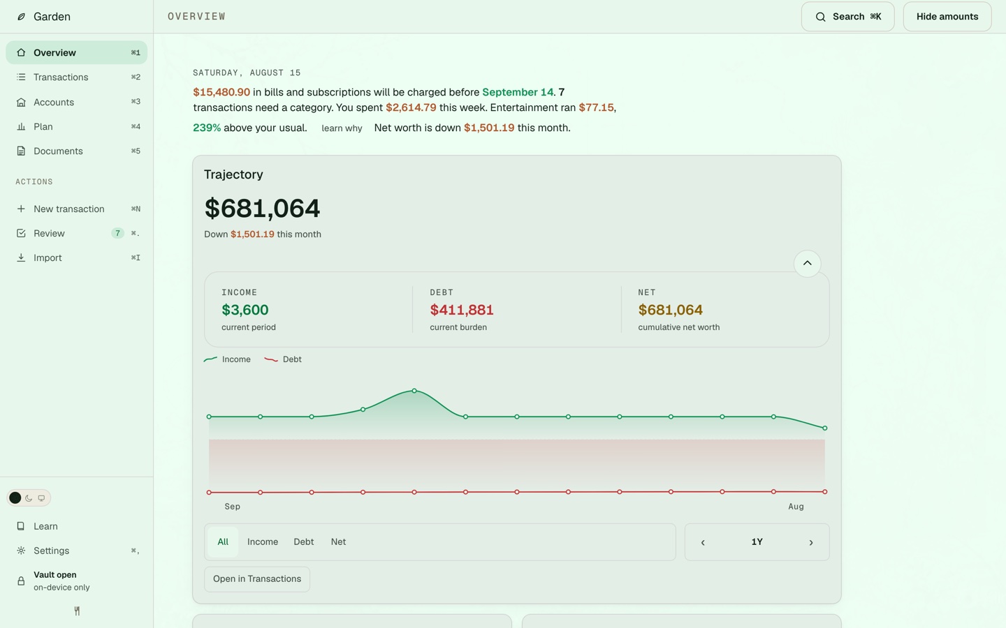 Garden overview with a net-worth trajectory and an on-device vault indicator