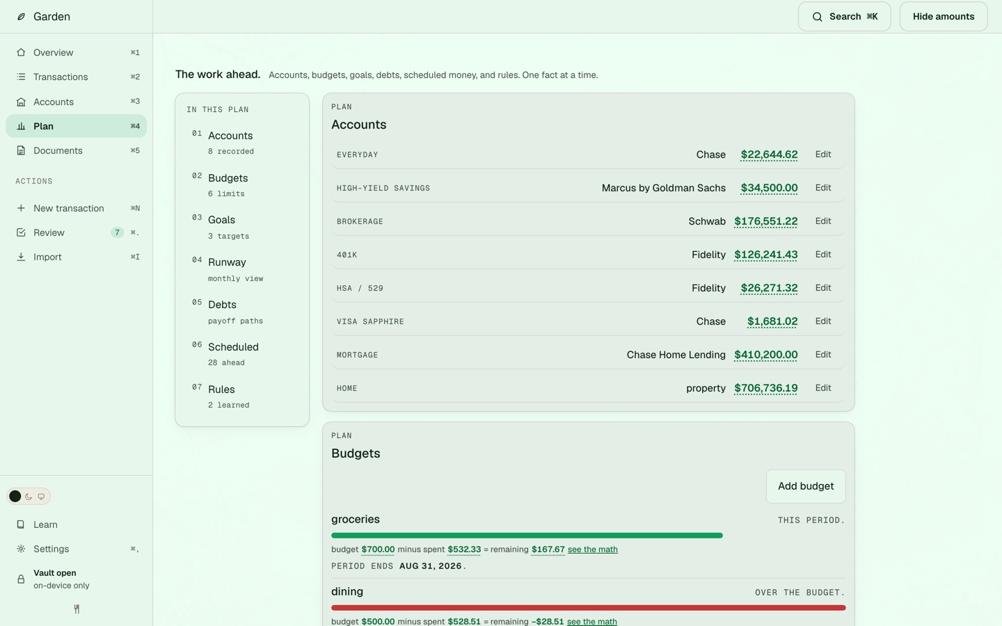 Garden's Plan view showing monthly category budgets and savings goals.